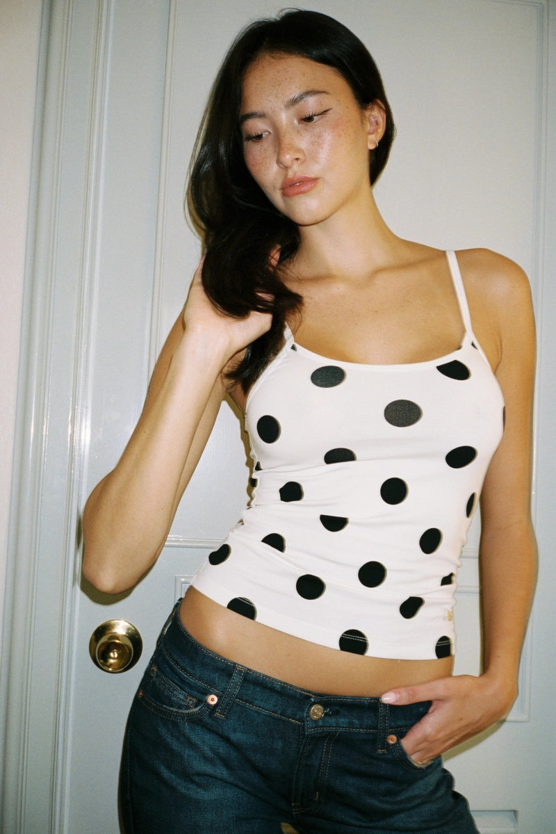 Modern Basic Super Soft Cami Top In White Polka Dot