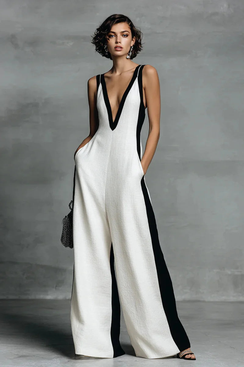 Modern Black & White Contrast Stripe Sleeveless Jumpsuit