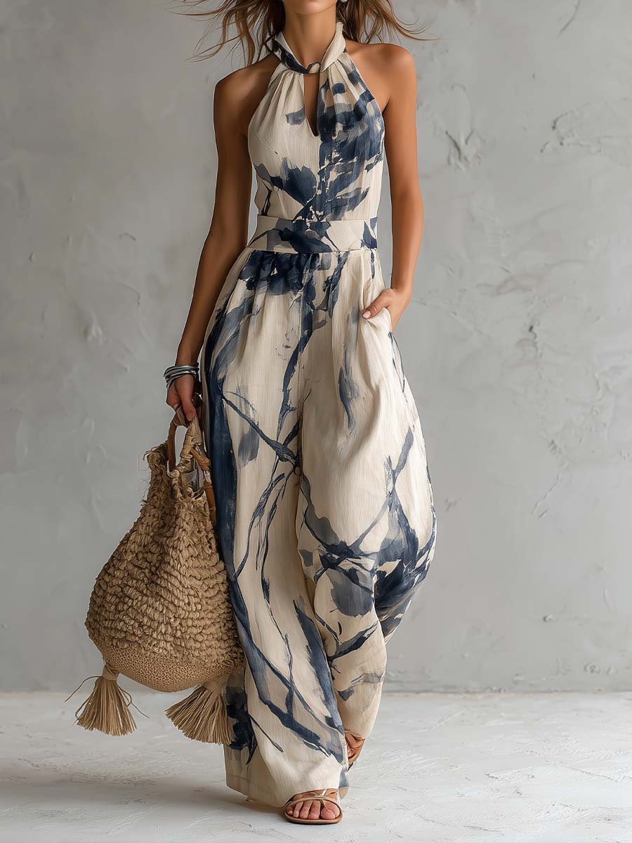 Lila Halter Sleeveless Ink Wash Print Wide Leg Jumpsuit