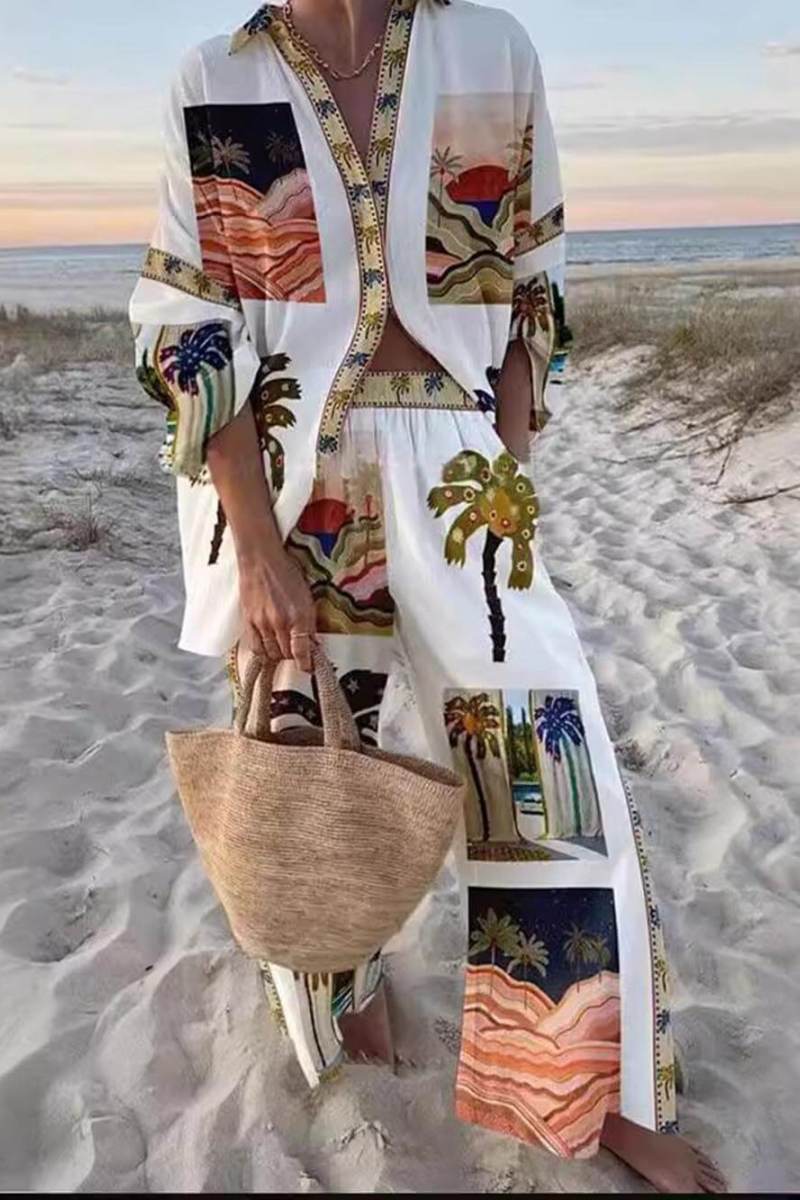 Distinctive Palm Tree Print Slouchy Trousers Set