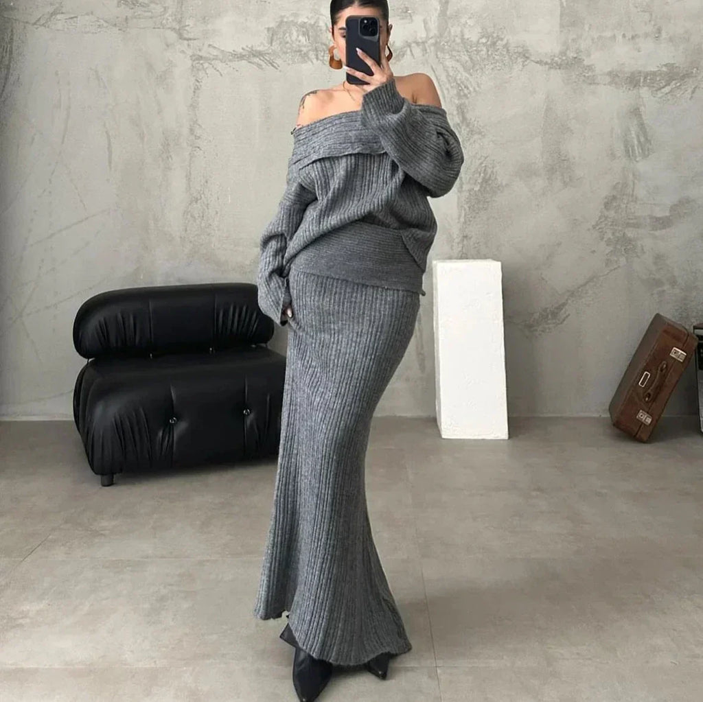 Women's Off-Shoulder Ribbed Knit Jumper and Fitted Maxi Skirt Set – Elegant Relaxed Two-Piece Co-Ord for Autumn and Winter