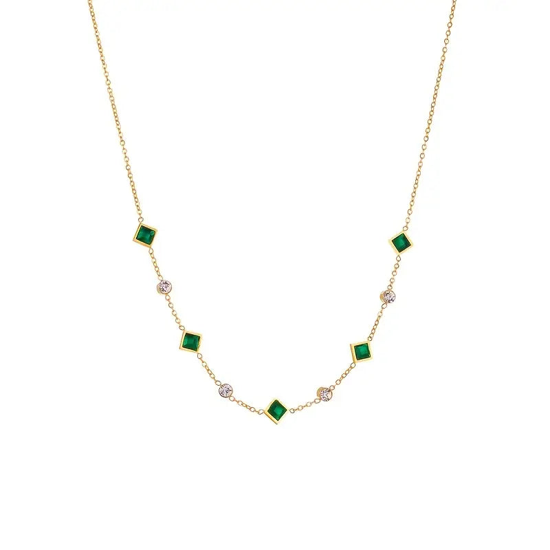 Evelina Gold Necklace with Green Crystals and Cubic Zirconia