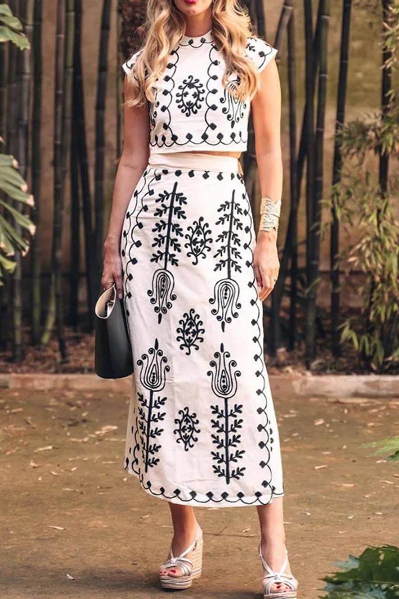 Coordinated Ethnic Print Crop Top & Tie-Up Wrap Midi Skirt Set