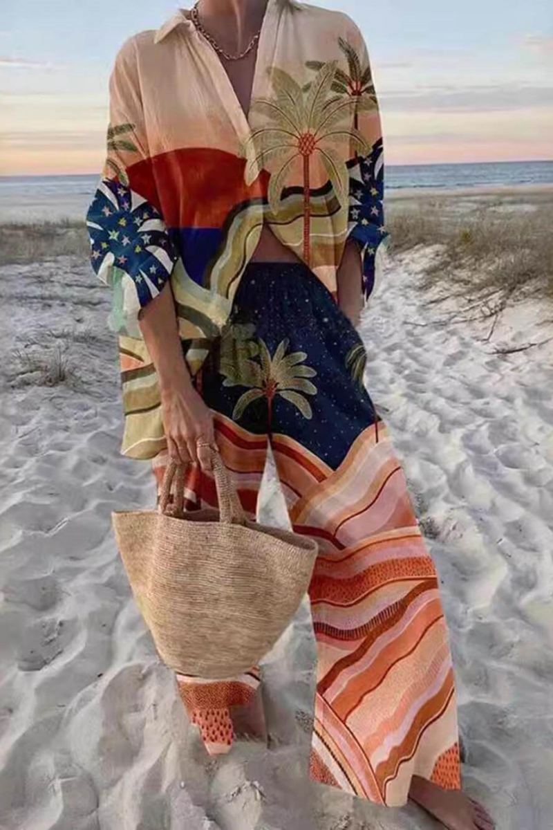 Distinctive Print Sunset Palms Relaxed Trousers Set