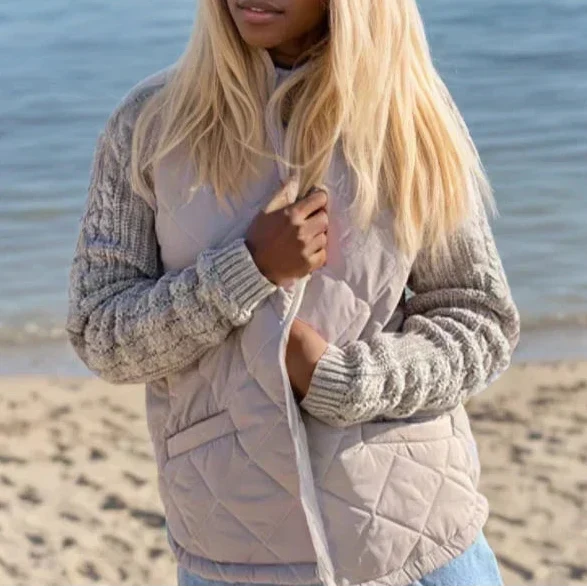 Women’s Quilted Zip-Up Jacket with Knitted Sleeves and Stand Collar – Warm Casual Outerwear for Autumn and Winter