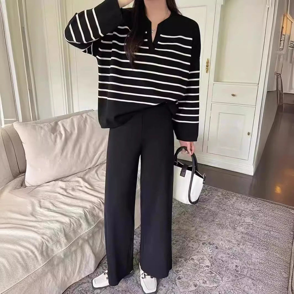 Women's Striped V-Neck Knitted Top and Wide-Leg Trousers Set – Relaxed Two-Piece Outfit for Autumn and Winter