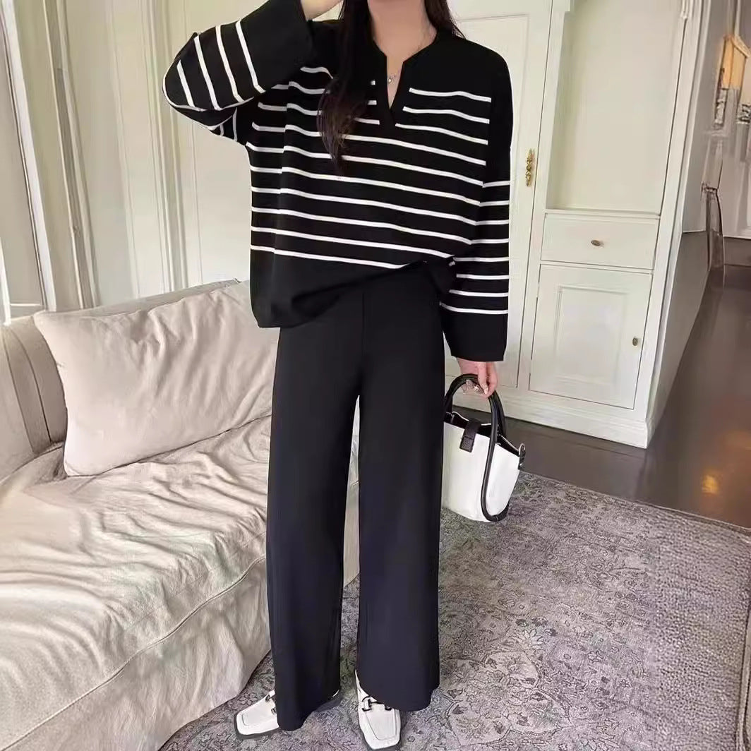 Women's Striped V-Neck Knitted Top and Wide-Leg Trousers Set – Relaxed Two-Piece Outfit for Autumn and Winter