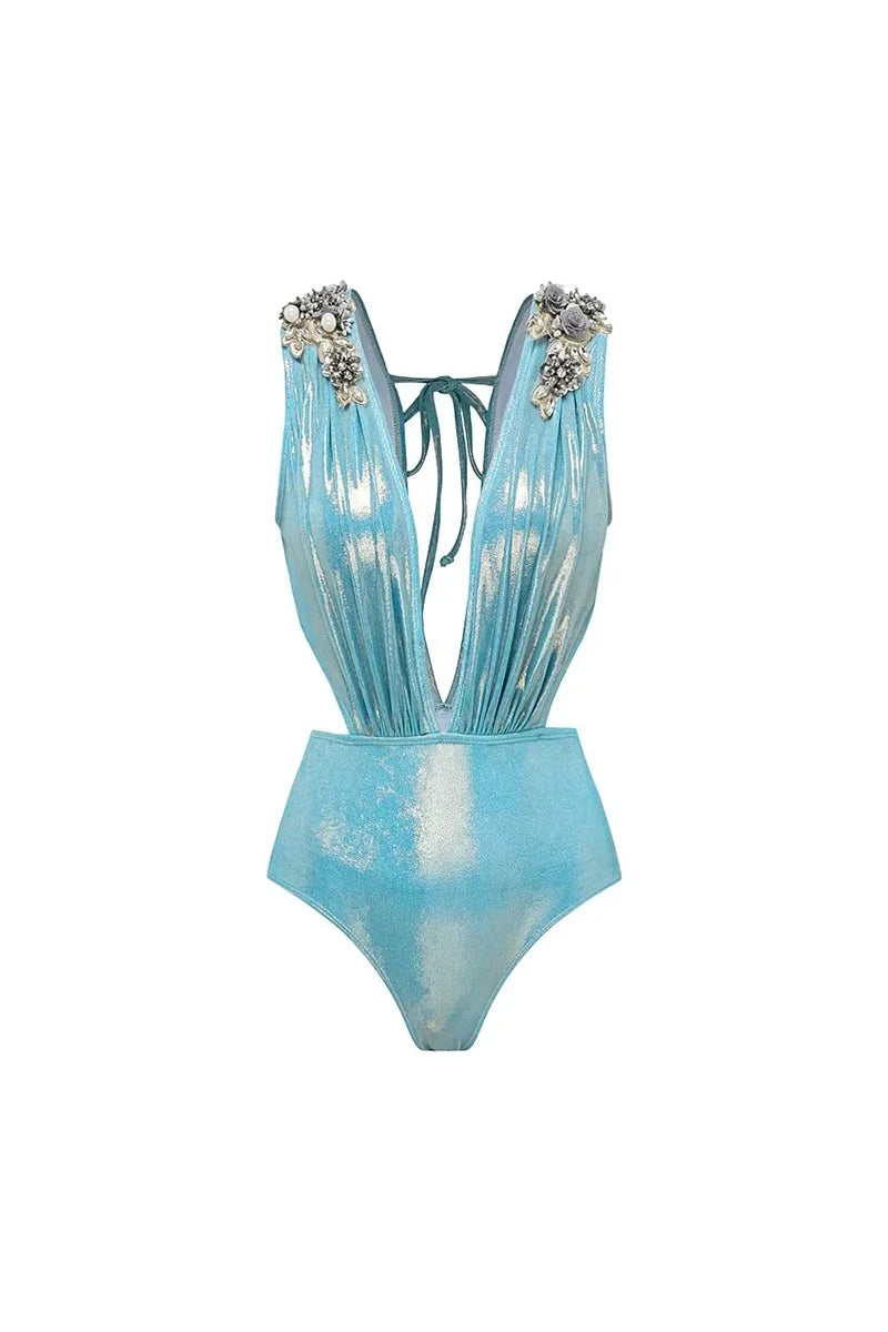 3D Butterfly Blue Glossy Swimwear Set