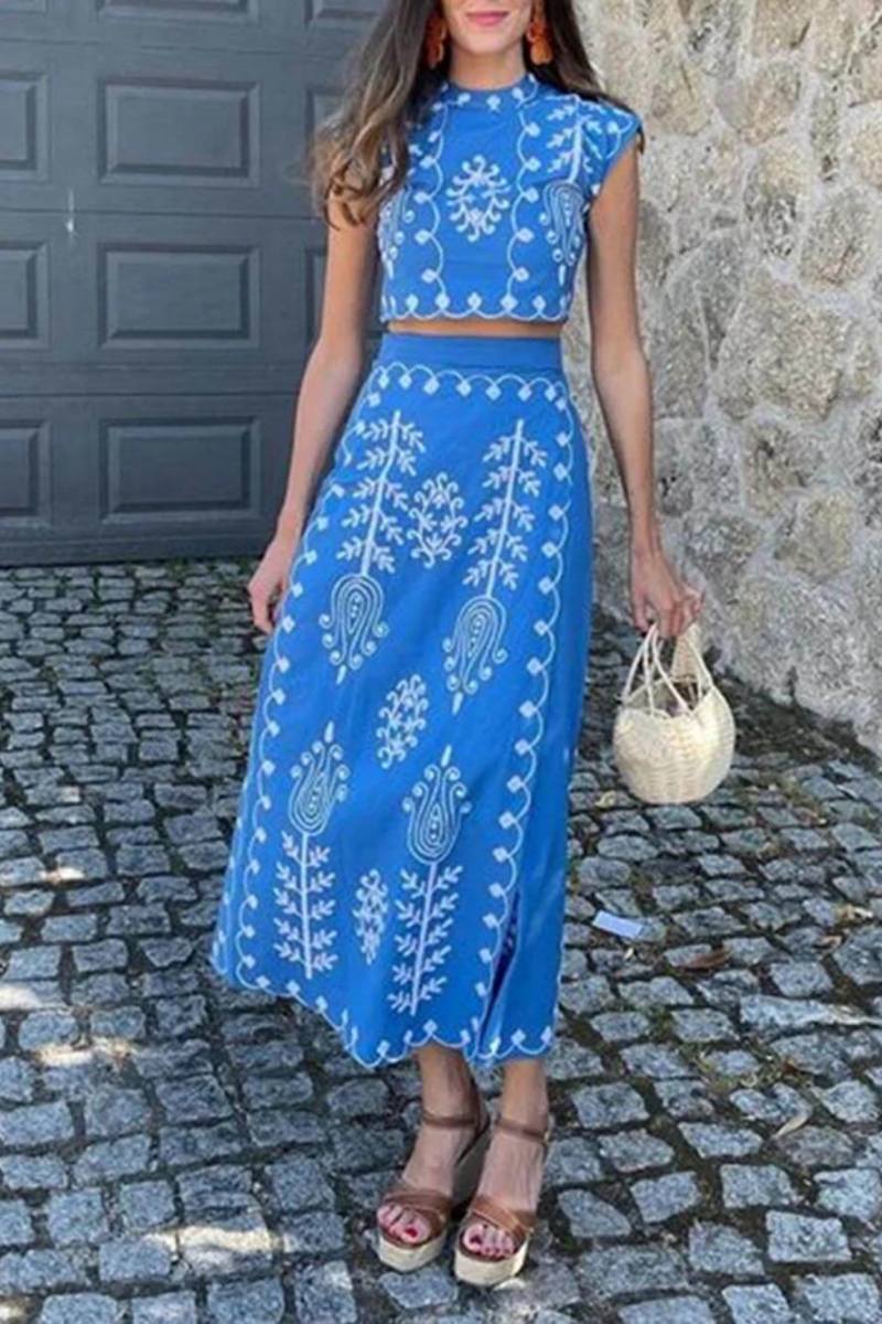 Coordinated Ethnic Print Crop Top & Tie-Up Wrap Midi Skirt Set