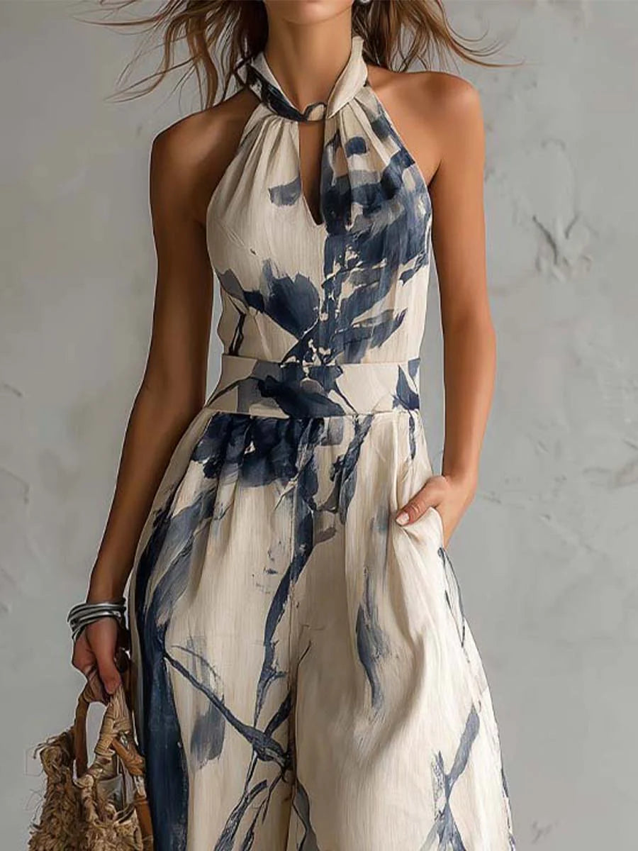 Lila Halter Sleeveless Ink Wash Print Wide Leg Jumpsuit