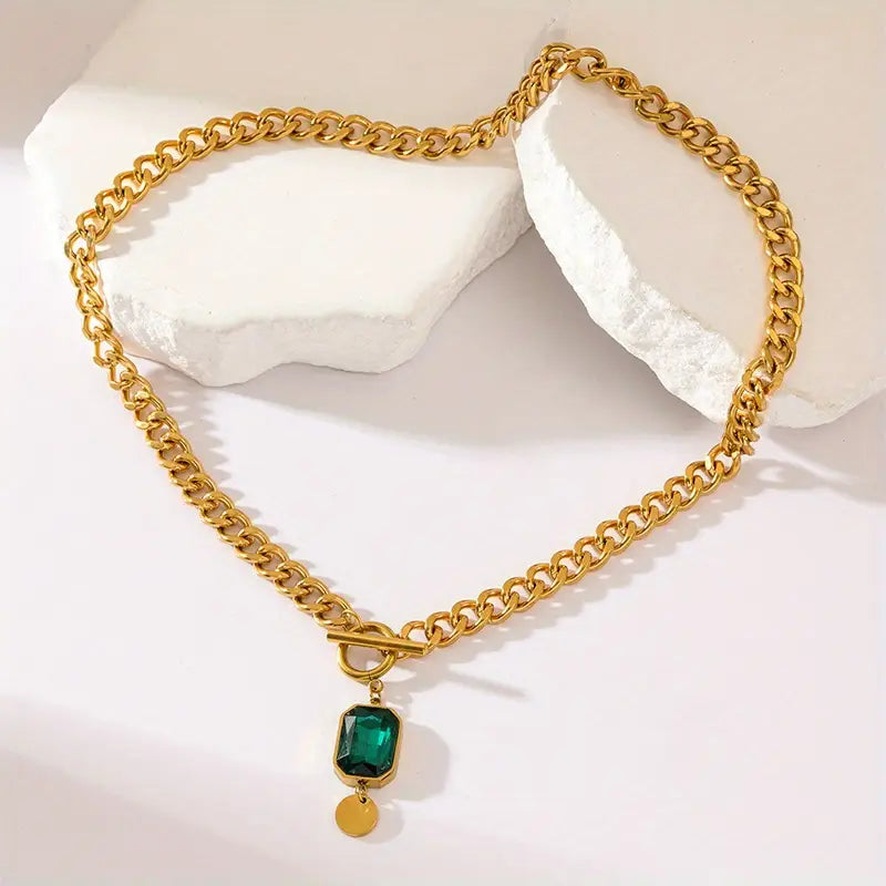 Althea Gold Chain Necklace with Green Crystal Pendant