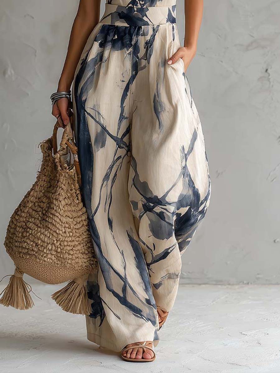 Lila Halter Sleeveless Ink Wash Print Wide Leg Jumpsuit