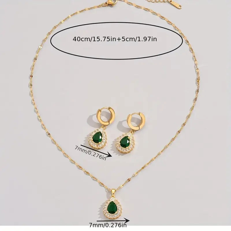 Green Cubic Zirconia Necklace and Drop Earrings Set - Valenne