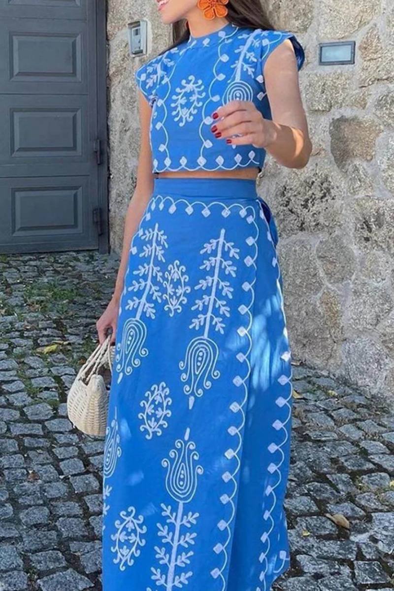 Coordinated Ethnic Print Crop Top & Tie-Up Wrap Midi Skirt Set