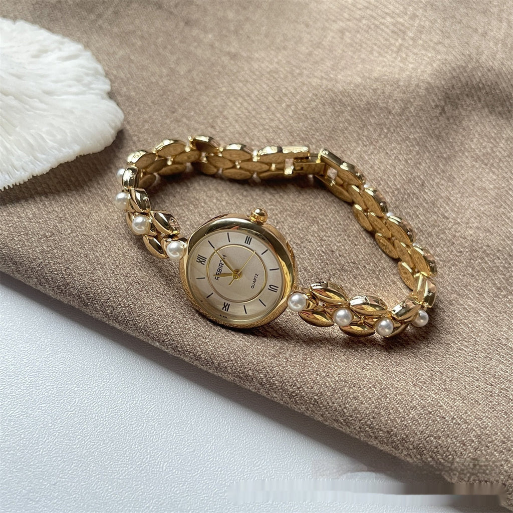 Women's Beaded Metal Bracelet Watch with Small Round Roman Numeral Dial