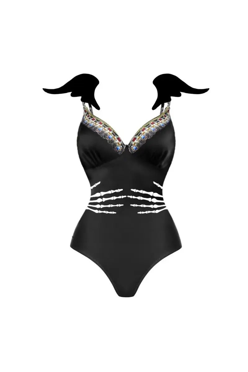 Modern Halloween Skeleton Wings Swimsuit