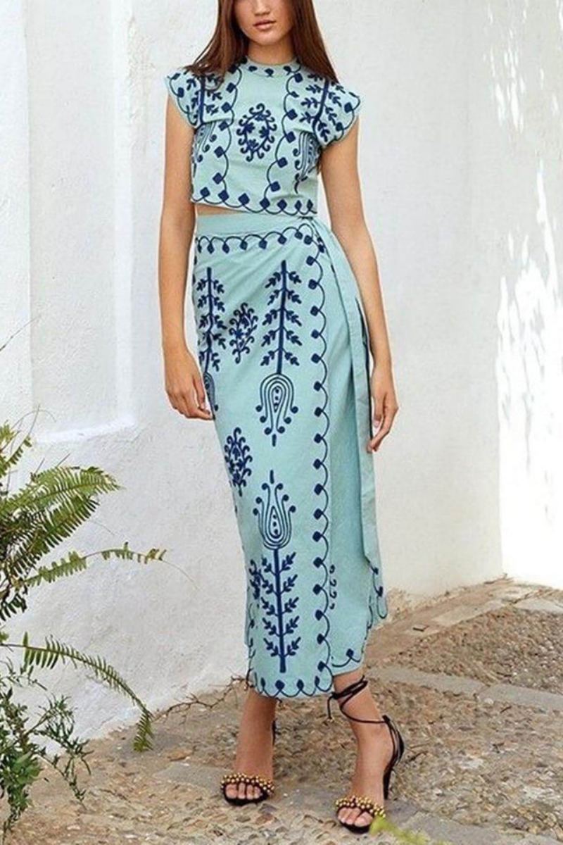 Coordinated Ethnic Print Crop Top & Tie-Up Wrap Midi Skirt Set