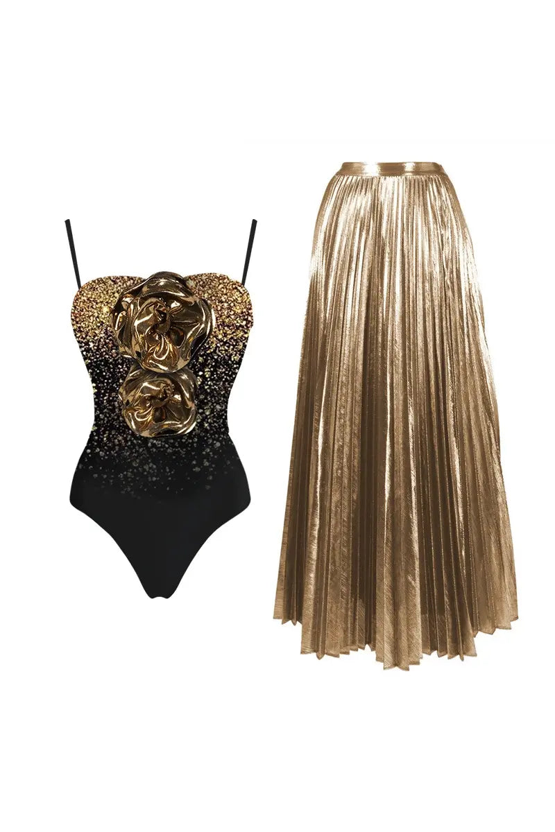 3D Flower Sequined Print Strapless Swimwear Set