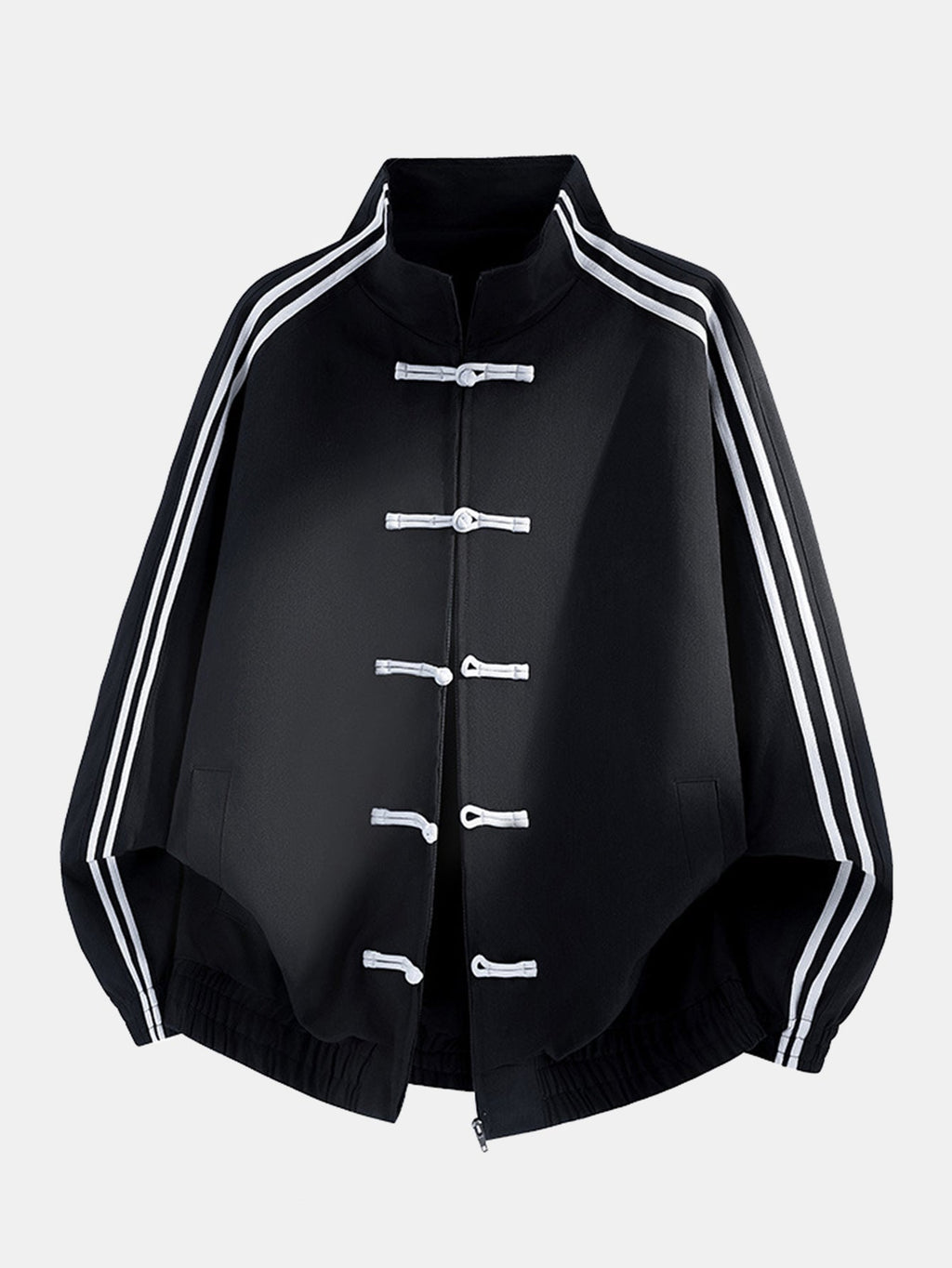 Men's Chinese-Inspired Track Jacket – Relaxed Stand Collar with Frog Button Detailing and Striped Sleeves for Casual Streetwear