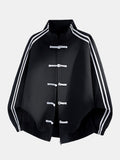 Men's Chinese-Inspired Track Jacket – Relaxed Stand Collar with Frog Button Detailing and Striped Sleeves for Casual Streetwear