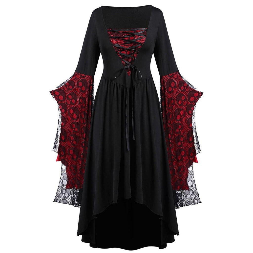 Women's Lace Sleeve High-Low Maxi Dress – Square Neck Lace Up Evening Dress for Themed Parties and Special Occasions