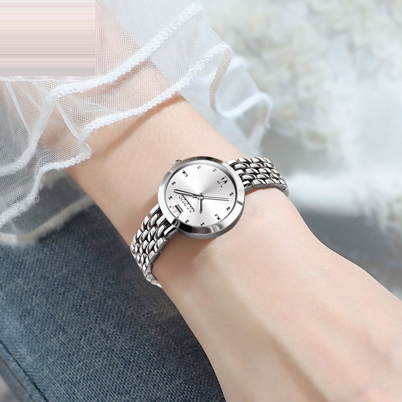 Women's Elegant White Dial Watch with Matte Metal Case, Bracelet and Roman Numerals