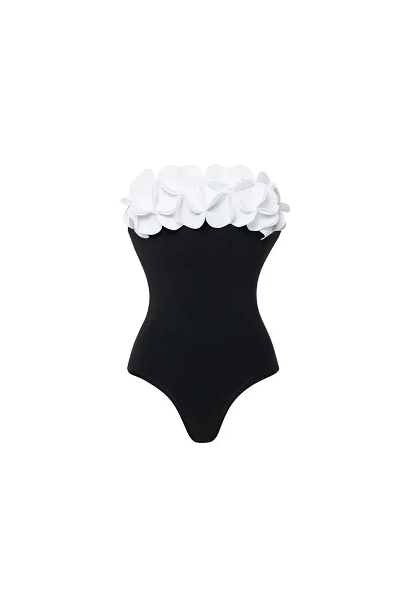 3D Flower Strapless Black Swimsuit