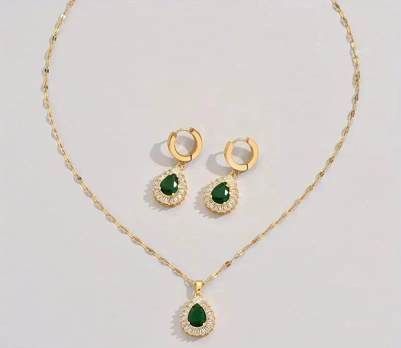 Green Cubic Zirconia Necklace and Drop Earrings Set - Valenne