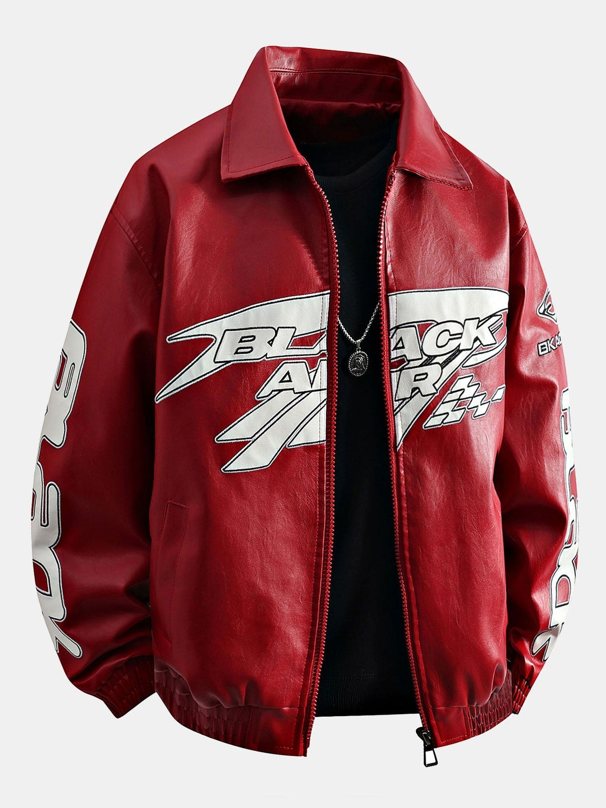 Men's Faux Leather Racing Jacket with Graphic Print – Relaxed Fit Zip-Up Motorcycle Style Outerwear for Streetwear