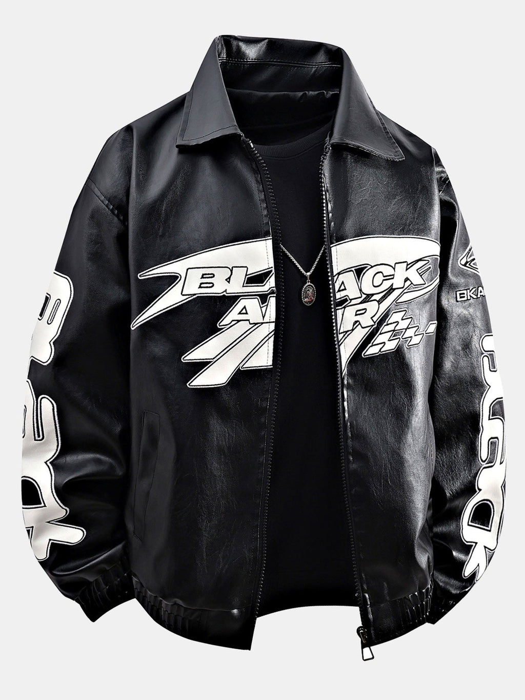 Men's Faux Leather Racing Jacket with Graphic Print – Relaxed Fit Zip-Up Motorcycle Style Outerwear for Streetwear