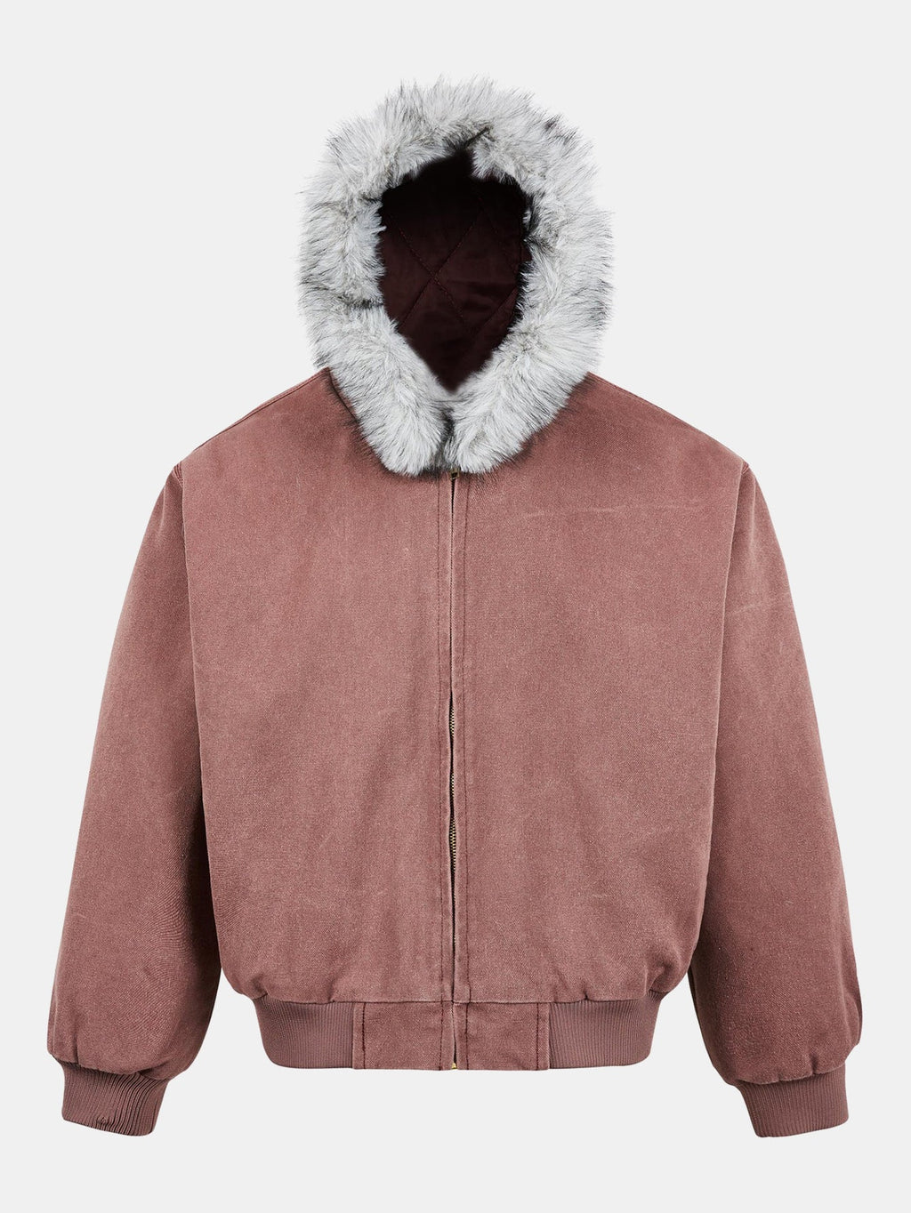Men's Faux Fur Hooded Bomber Jacket – Vintage Boxy Fit Winter Outerwear with Ribbed Cuffs and Zip Fastening