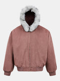 Men's Faux Fur Hooded Bomber Jacket – Vintage Boxy Fit Winter Outerwear with Ribbed Cuffs and Zip Fastening