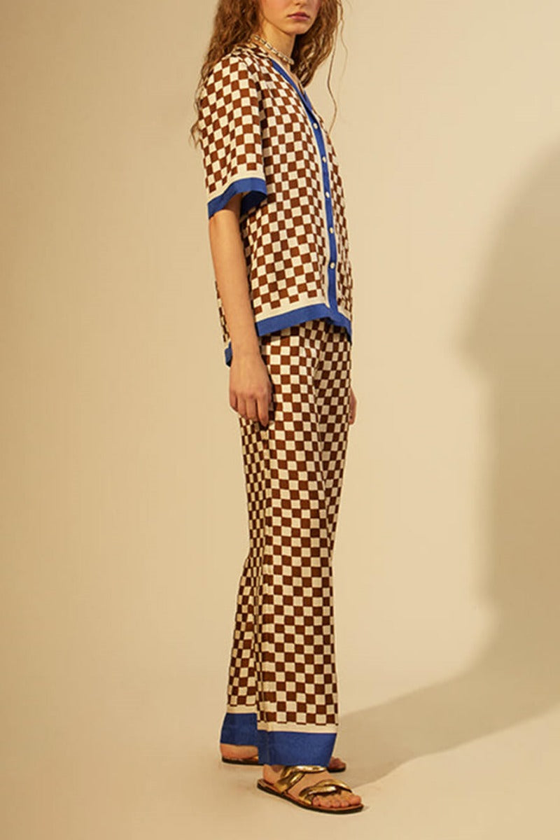 Distinctive Checkerboard Print Stripe Splicing Loose Elastic Trousers-Set