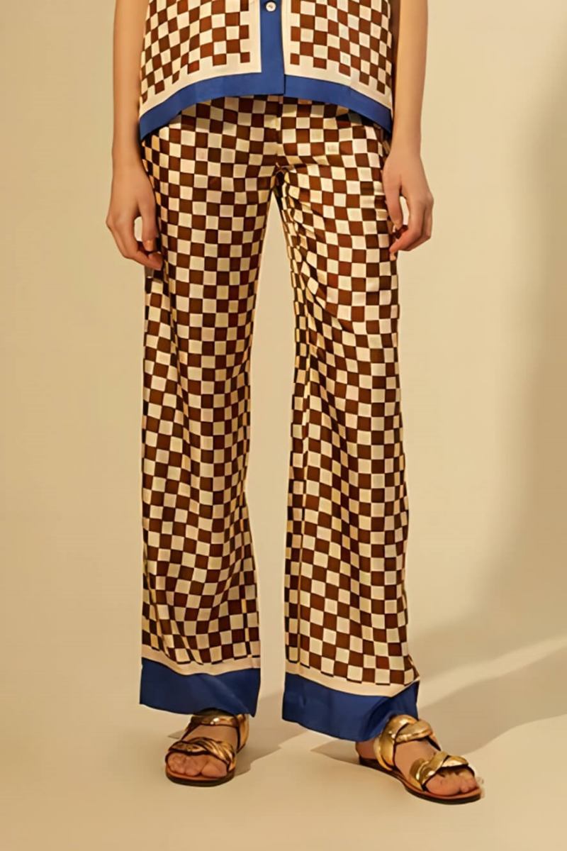 Distinctive Checkerboard Print Stripe Splicing Loose Elastic Trousers-Set