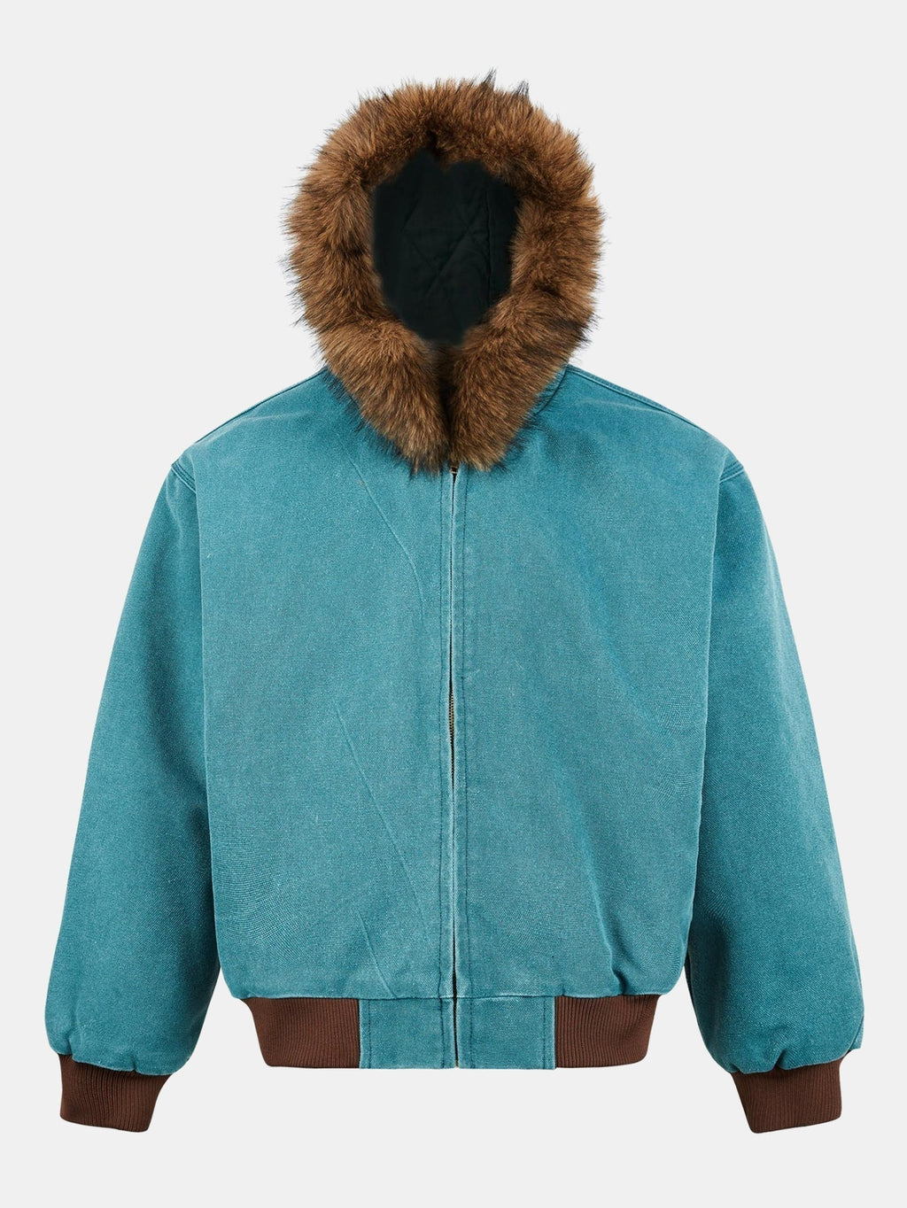 Men's Faux Fur Hooded Bomber Jacket – Vintage Boxy Fit Winter Outerwear with Ribbed Cuffs and Zip Fastening