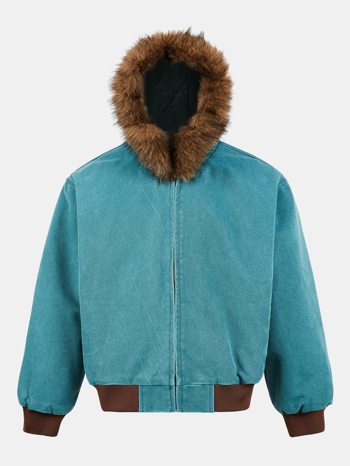 Men's Faux Fur Hooded Bomber Jacket – Vintage Boxy Fit Winter Outerwear with Ribbed Cuffs and Zip Fastening