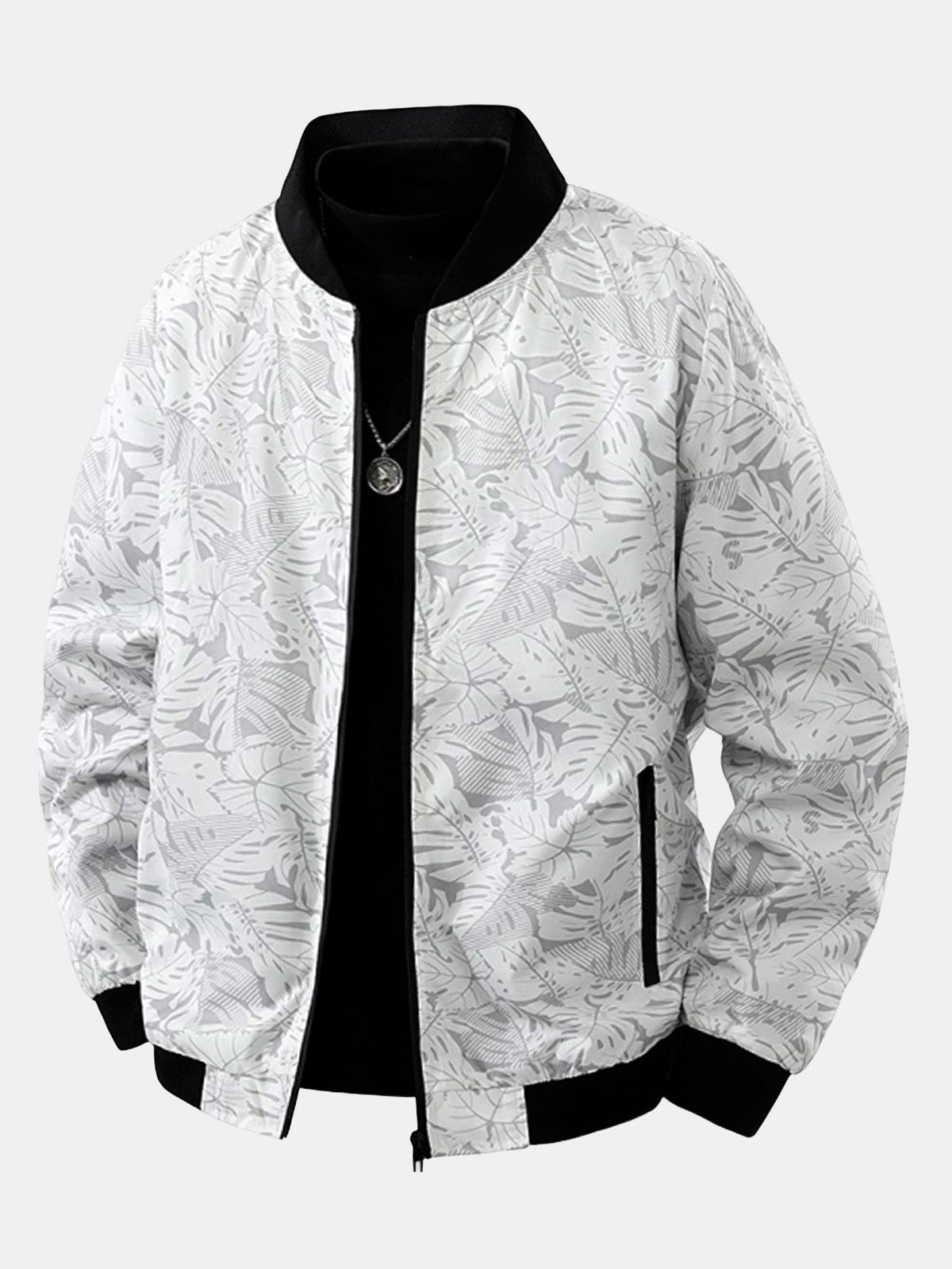 Men's Tropical Leaf Print Bomber Jacket – Relaxed Zip-Up Casual Outerwear with Ribbed Collar and Cuffs for Spring and Autumn