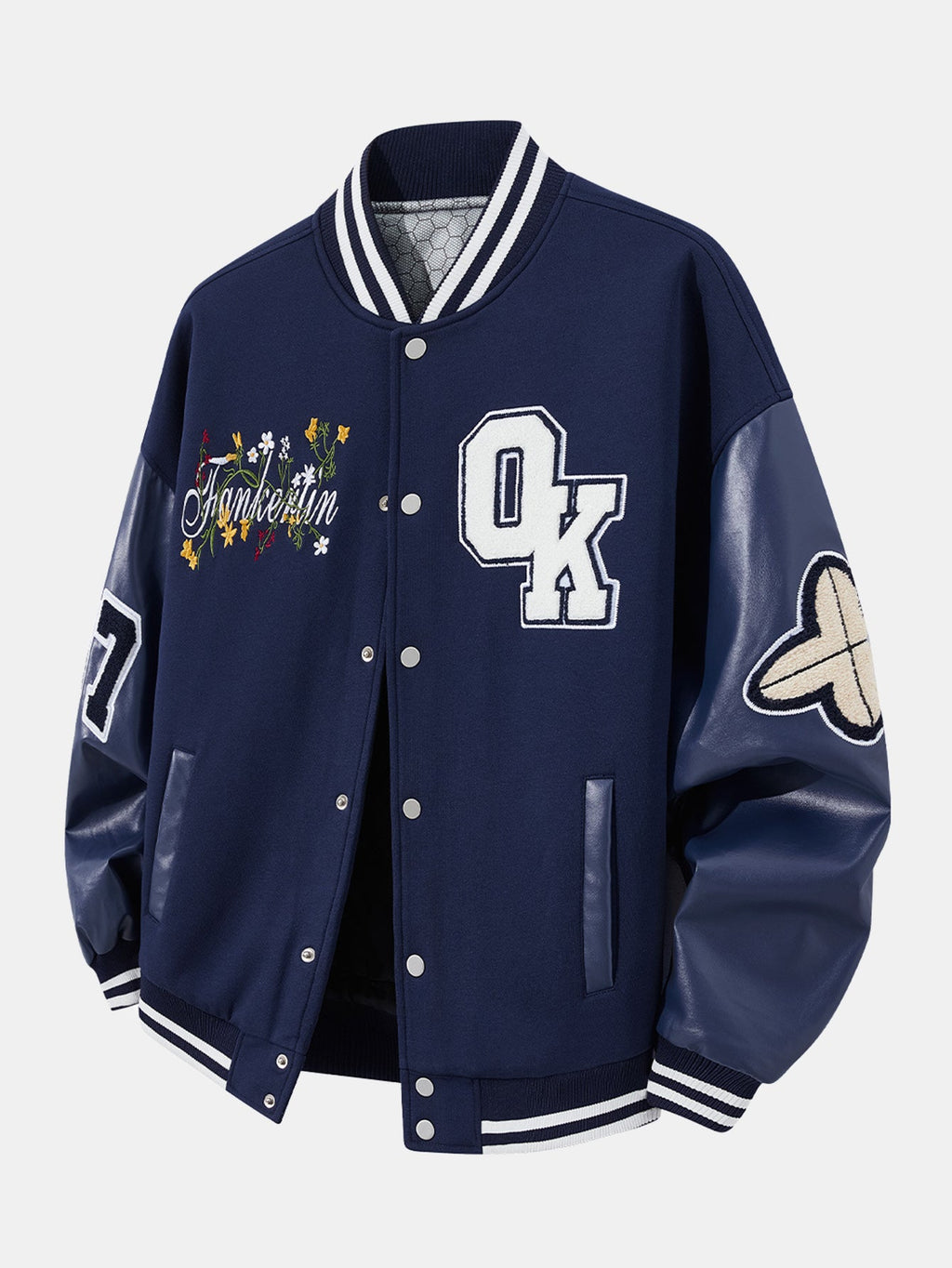 Men's Embroidered Varsity Bomber Jacket – Relaxed Baseball Style with Faux Leather Sleeves for Casual Streetwear