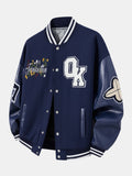 Men's Embroidered Varsity Bomber Jacket – Relaxed Baseball Style with Faux Leather Sleeves for Casual Streetwear