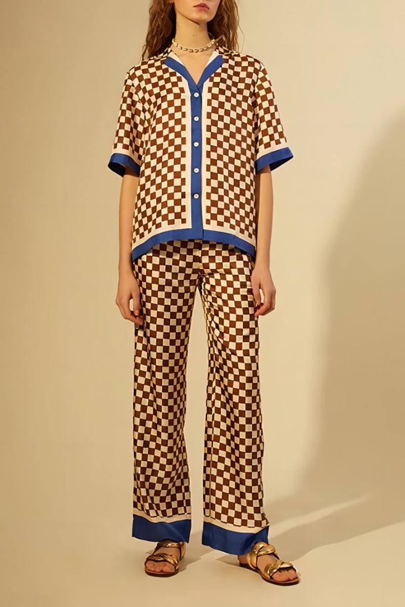 Distinctive Checkerboard Print Stripe Splicing Loose Elastic Trousers-Set