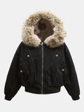Men's Faux Fur-Trimmed Hooded Bomber Jacket – Warm Teddy-Lined Boxy Fit Winter Outerwear with Zip-Up Front