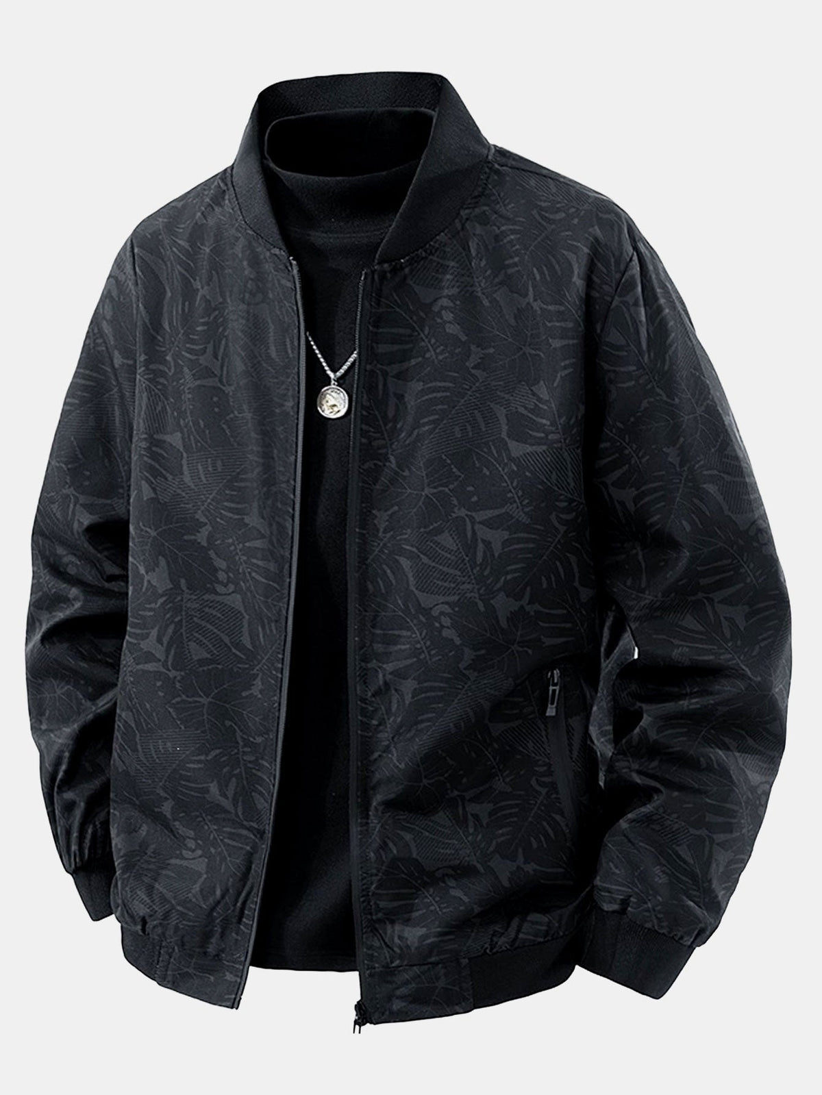 Men's Tropical Leaf Print Bomber Jacket – Relaxed Zip-Up Casual Outerwear with Ribbed Collar and Cuffs for Spring and Autumn