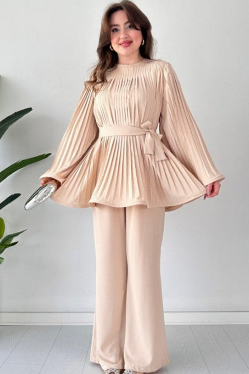 Pleated Flare Tops Trousers Set