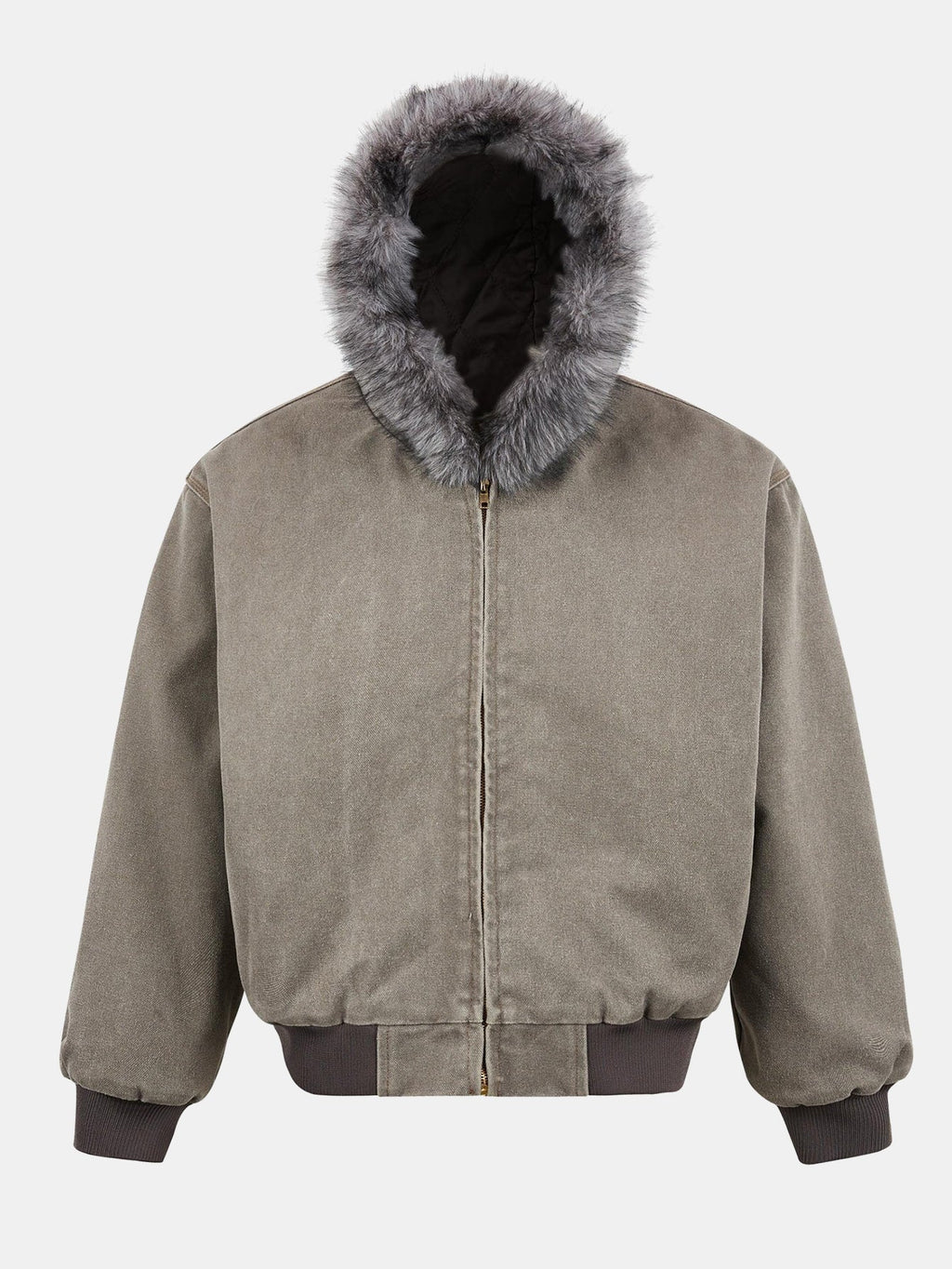 Men's Faux Fur Hooded Bomber Jacket – Vintage Boxy Fit Winter Outerwear with Ribbed Cuffs and Zip Fastening