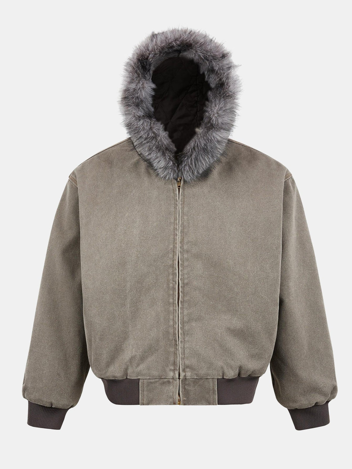 Men's Faux Fur Hooded Bomber Jacket – Vintage Boxy Fit Winter Outerwear with Ribbed Cuffs and Zip Fastening