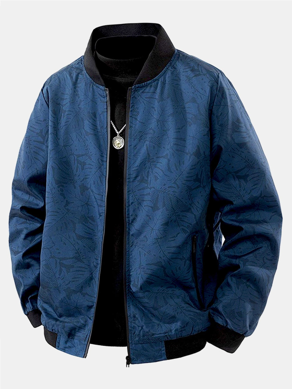 Men's Tropical Leaf Print Bomber Jacket – Relaxed Zip-Up Casual Outerwear with Ribbed Collar and Cuffs for Spring and Autumn