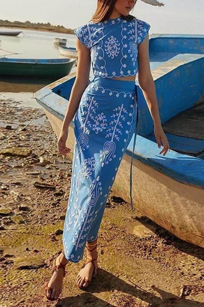 Coordinated Ethnic Print Crop Top & Tie-Up Wrap Midi Skirt Set