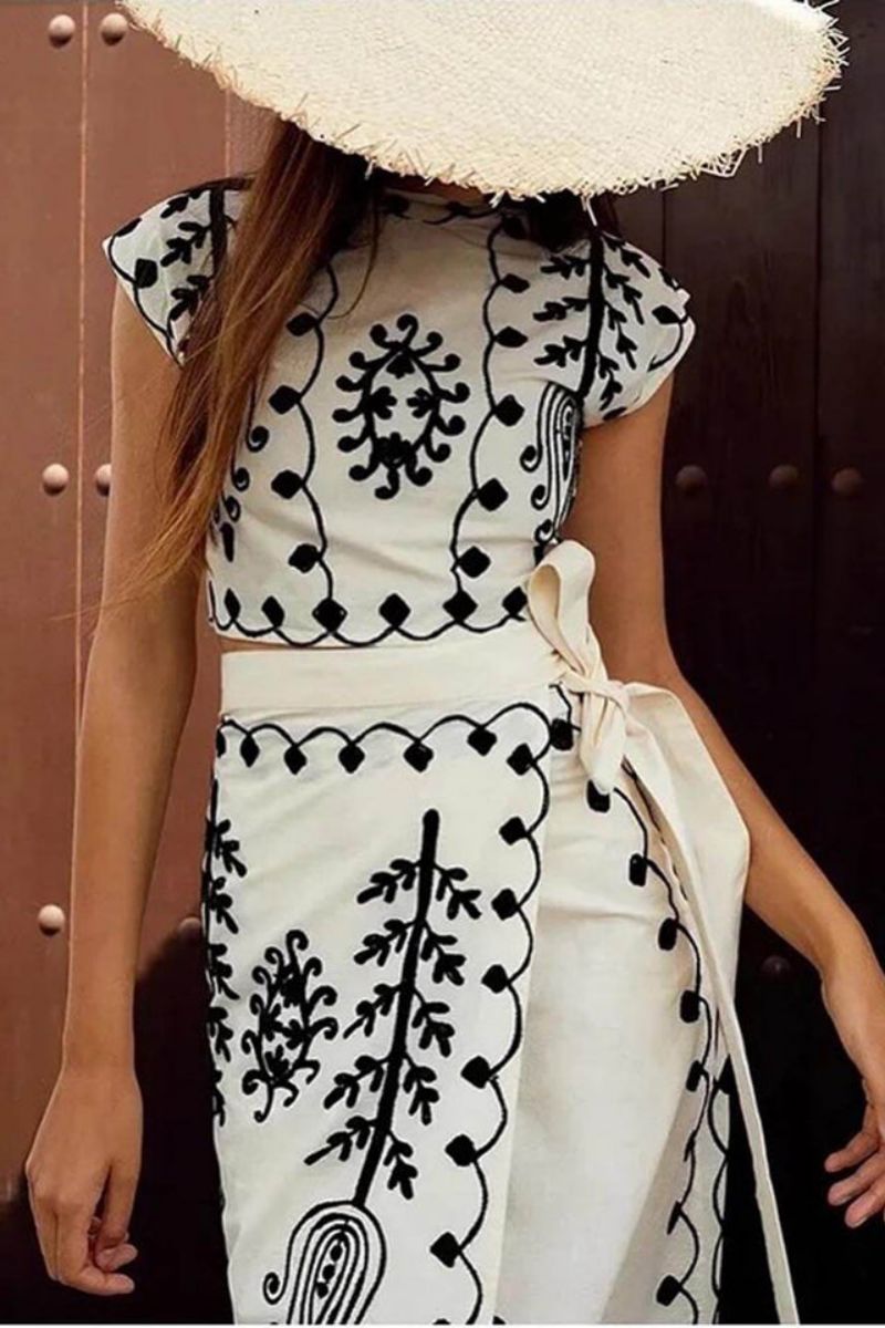 Coordinated Ethnic Print Crop Top & Tie-Up Wrap Midi Skirt Set