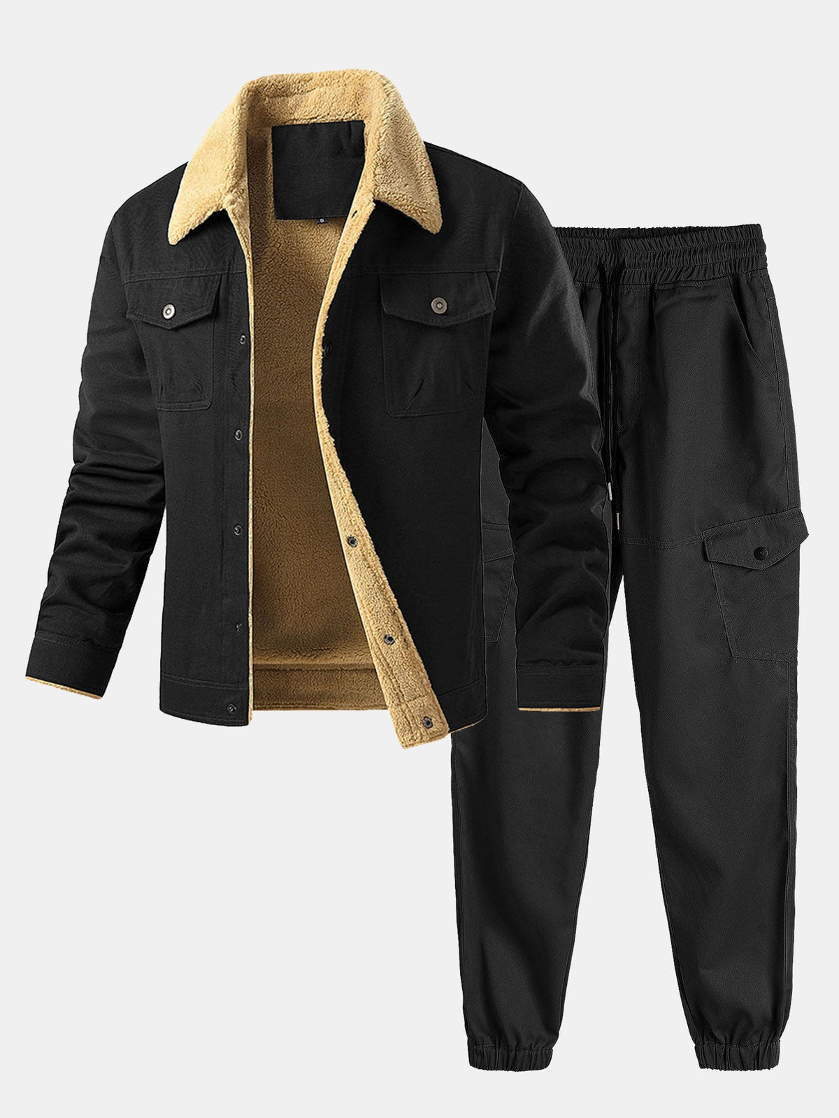 Men's Sherpa-Lined Cotton Jacket and Cargo Jogger Set – Warm Casual Two-Piece Outfit for Autumn and Winter