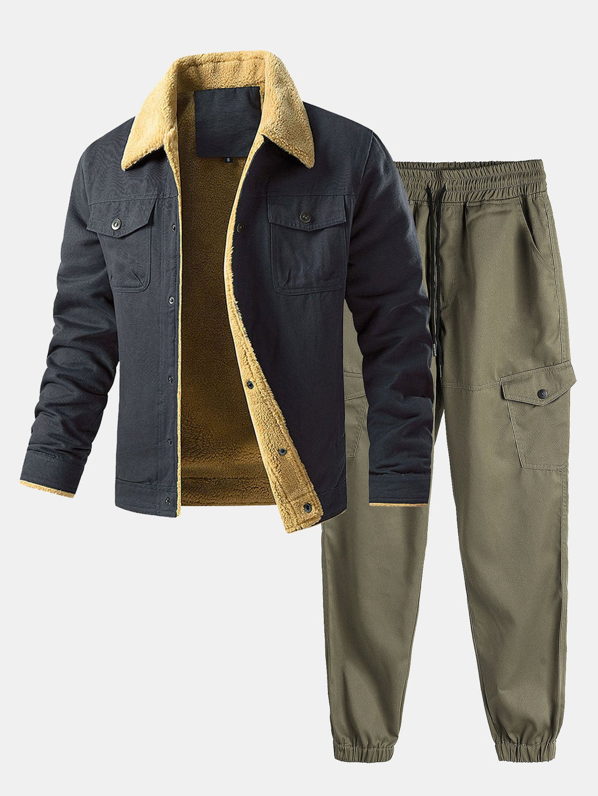 Men's Sherpa-Lined Cotton Jacket and Cargo Jogger Set – Warm Casual Two-Piece Outfit for Autumn and Winter